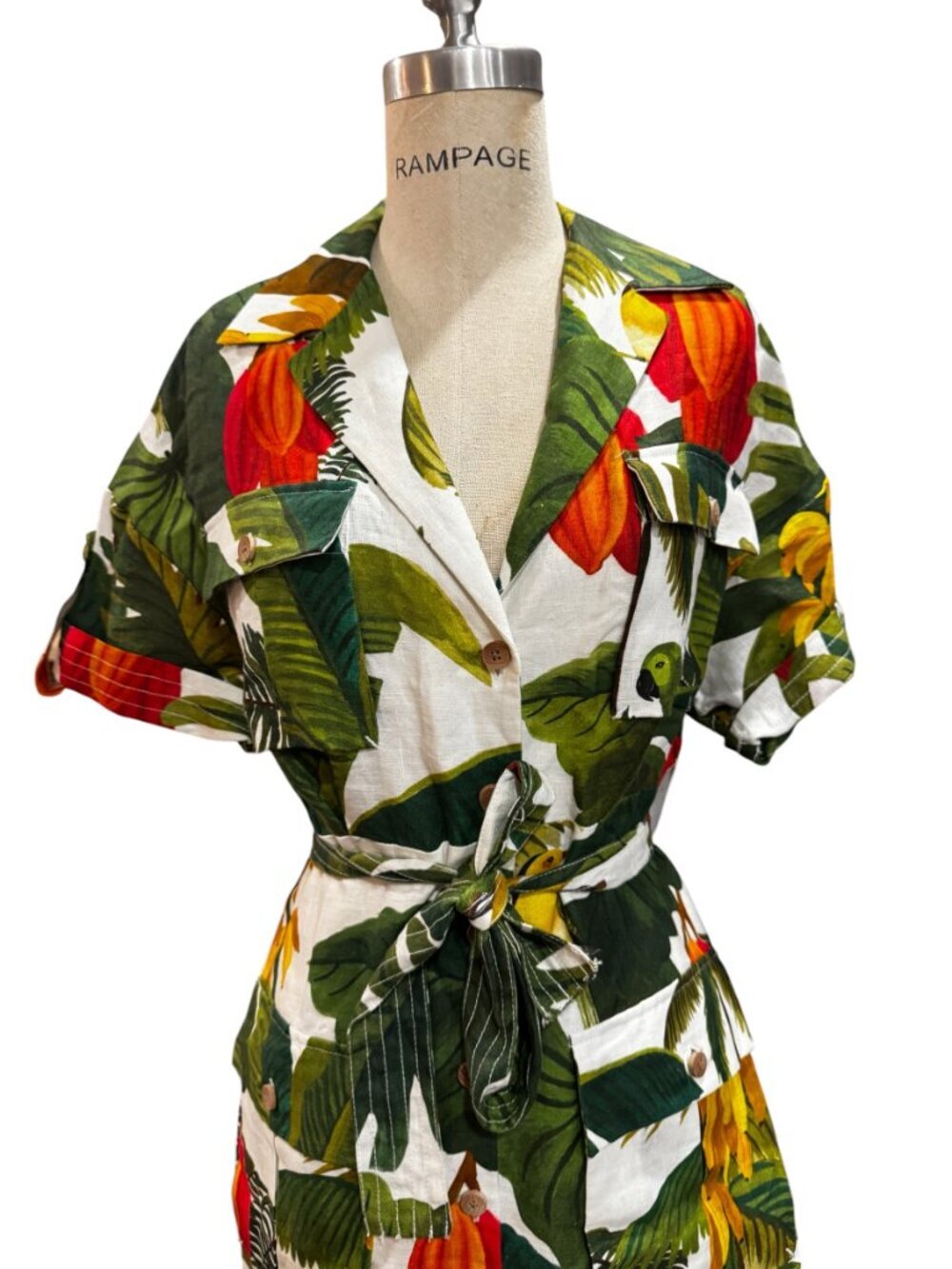 Farm Rio Cocoa Forest Linen Utility Mini Dress Tropical Print Size Small - Picture 3 of 10